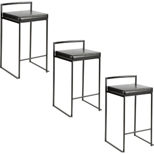 Fuji 26" Stackable Counter Stool in Black Metal & Black Leatherette (Set of 3)